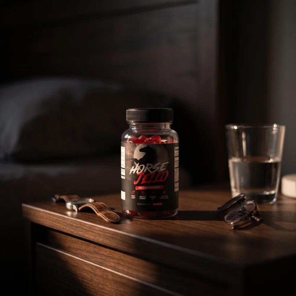 Un frasco de Horse Jello&reg; en la mesa de noche al amanecer