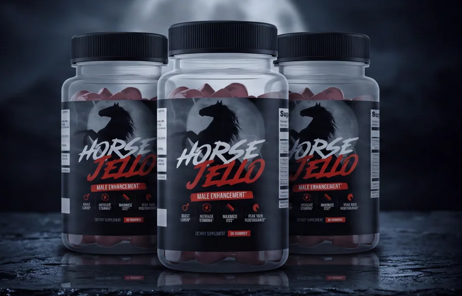 Tres frascos de Horse Jello&reg; sobre pizarra mojada bajo la luz de la luna