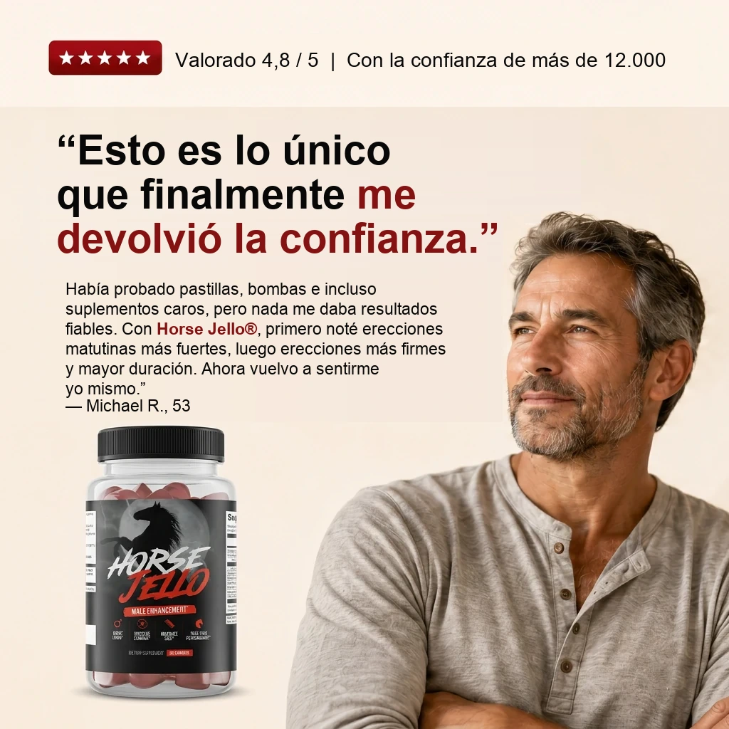 Rated 4.8 out of 5, trusted by 12,000+. &ldquo;This is the only thing that
                  finally brought my confidence back.&rdquo; I&rsquo;d tried pills, pumps, and even
                  expensive supplements &mdash; nothing gave me reliable results. With Horse
                  Jello&reg;, I noticed stronger morning erections first, then firmer erections and
                  better staying power. Now I feel like myself again. &mdash; Michael R., 53.